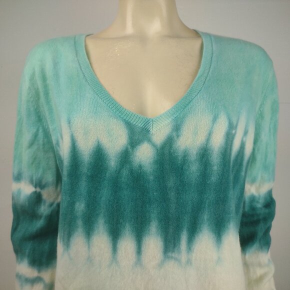Notshy blue green white tie dye 100% Cashmere V-Neck pullover sweater Large - Picture 2 of 7